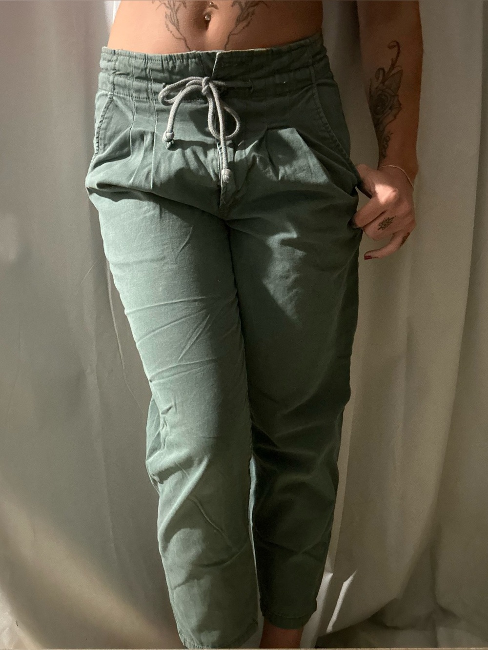 Olive Green Paperbag Cropped Pants